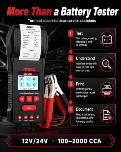 ANCEL BST600 12V/24V Lead-Acid Battery Tester with Printer, 100-2000 CCA | For cars, trucks, RVs and boats, with cranking and charging tests and SOH, SOC and resistance reports for shops and fleets - style: BST600