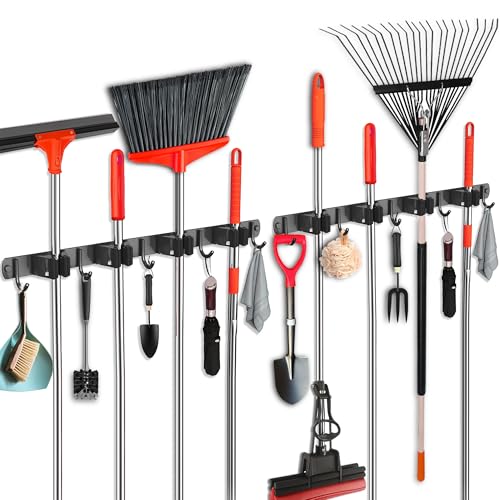 2 Pack Mop and Broom Holder Wall Mount, Upgraded Broom Hanger Wall Mount, Stainless Steel Broom Organizer for Closet Garage Laundry Room Kitchen Wall Decor Black 4R5H - color: Black, size: 2Pack 4Racks 5Hooks