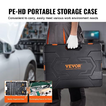 VEVOR Mechanics Tool Set, 205 Pcs SAE and Metric Sockets, 1/4" 3/8" 1/2" Drive Deep and Standard Sockets, Chrome Vanadium Steel, Polyethylene - size: 1/4"&3/8"&1/2", style: NEW 205 PC