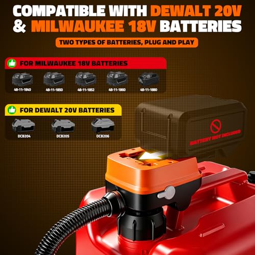 Cordless Fuel Transfer Pump Compatible with Dewalt 20V ＆ Milwaukee 18V Batteries, 3.2 GPM Portable Gas Can Pump with Auto-Stop, 4.25FT Hose, 3 Adapters, Pump for Diesel, Gasoline (Bare Tool)