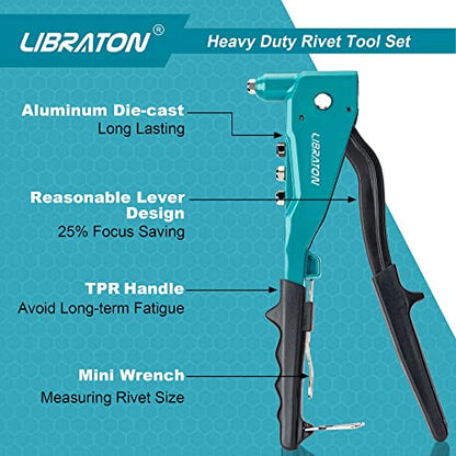 Libraton Heavy Duty Rivet Gun, Pop Rivet Gun Set, Professional Hand Riveter, Manual Riveting Tool with 110Pcs Rivets and 4 Interchangeable Heads, for Metal, Wood and Plastic - size: Heavy-duty Rivet Gun