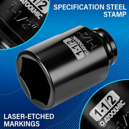 1/2" Drive x 1-1/2 Inch Deep 6PT CR-MO Impact Socket for Removing Axle nut | SAE Socket,6-Point Radius Corner Design,Two Size Markings,Square Chamfered Opening,For Removal of Axle Nut - size: 1-1/2 Inch, style: 1/2" Drive Deep Socket