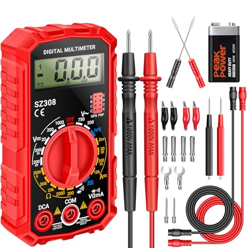 ANENG Multimeter,SZ308 DC AC Volt Meter,Ohm Digital Multimeter Tester,Measures Voltage,Current,Resistance,Continuity,Diodes, Electrical Tester for Househould Tools,Automotive Battery Test(Red) - style: SZ308 Red (With 16-piece test set)
