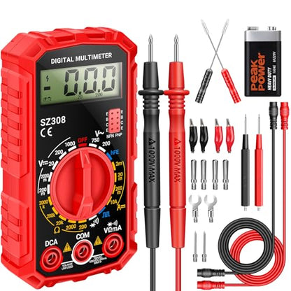 ANENG Multimeter,SZ308 DC AC Volt Meter,Ohm Digital Multimeter Tester,Measures Voltage,Current,Resistance,Continuity,Diodes, Electrical Tester for Househould Tools,Automotive Battery Test(Red) - style: SZ308 Red (With 16-piece test set)
