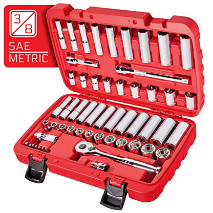 CARBYNE 55-Piece 3/8 in. Drive Socket and Ratchet Set, SAE and Metric, 6 Point, CrV Steel, 90-Tooth Ratchet, Deep and Standard Sockets, Storage Case