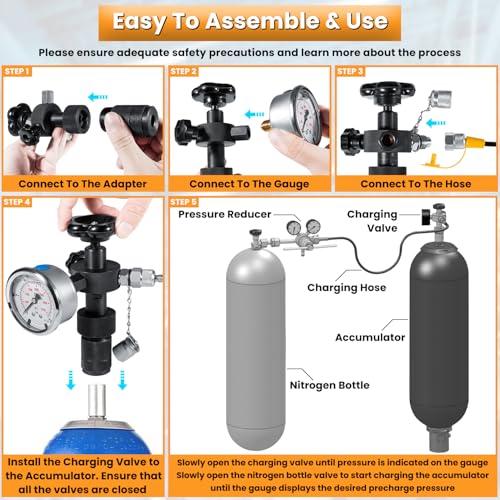 GK-01 Hydraulic Accumulator Nitrogen Charging System Nitrogen Fill Kit Pressure Test Gauge Kit Gas Charging Tool 3 Gauge 7 Couplings Gas Hose Main Valve CGA580 Adapter 100/250/400Bar 1500/4000/6000PSI - style: 3 Gauges 7 Test Couplings
