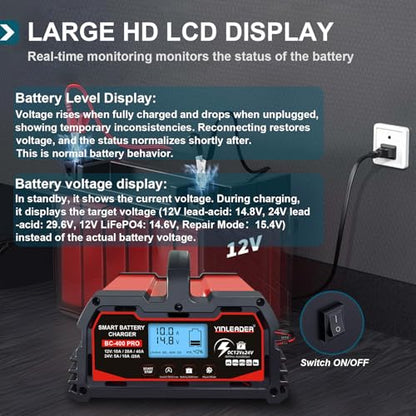 Battery Charger 40A, 12V/24V Lead Acid Smart Battery Charger, 12V LiFePO4 Car Battery Trickle Charger, Automatic Battery Maintainer for Car Motorcycle Lawn Mower Marine Boat Lead Acid Batteries - size: 40A-RED
