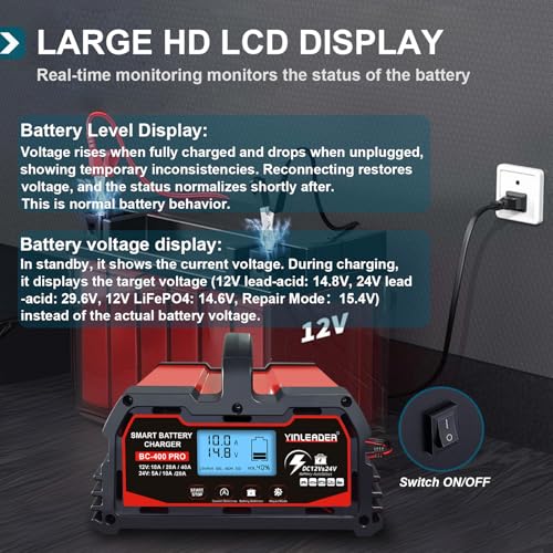 Battery Charger 40A, 12V/24V Lead Acid Smart Battery Charger, 12V LiFePO4 Car Battery Trickle Charger, Automatic Battery Maintainer for Car Motorcycle Lawn Mower Marine Boat Lead Acid Batteries - size: 40A-RED