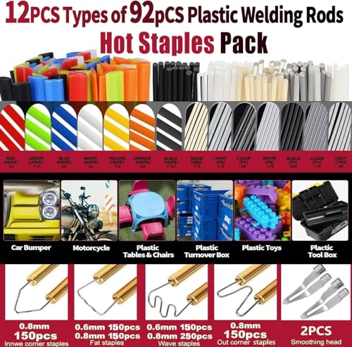 220W Plastic Welder,Plastic Welding Kit Car Bumper Repair 1000pcs Hot Staples & 92pcs 7 Types of Welding Plastic Welding Rods for Car Bumper Plastic Crack Repair (Blue) - style: Hot Staples-blue