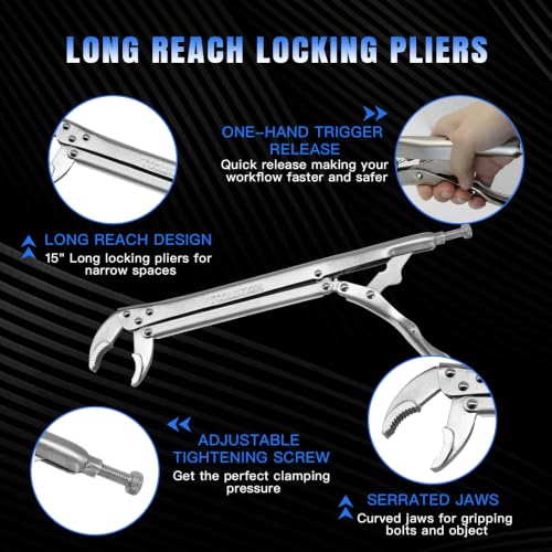15" Long Reach Locking Pliers, Offset Vice Grips | Extra Long Nose Locking Pliers for Narrow Spaces Fast Release Design for Automotive, Welding, Home Repair-45 Degree Head - color: 45°