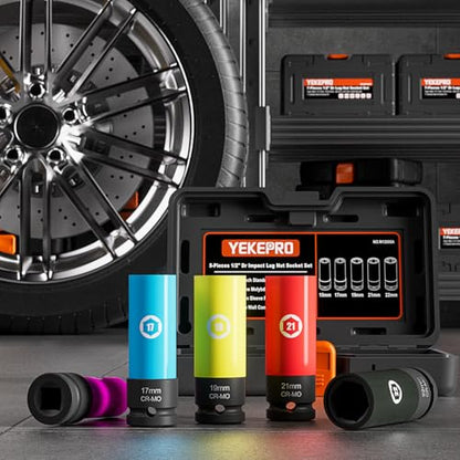 5PCS 1/2" Drive Impact Lug Nut Socket Set, 15 17 19 21 22 MM | Impact Wheel Socket Kit, Thin Wall Non-Marring Deep Socket with Protective Sleeves, Color-Coded Sleeves, CR-MO Steel - size: Metric