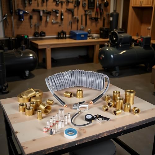 RayMagic 18 Pieces Air Compressor Accessories kit, 1/4 inch x 25 ft Recoil Poly Air Compressor Hose Kit, 1/4" NPT Quick Connect Air Fittings, 150 PSI Tire Inflator Gauge, Heavy Duty Blow Gun, Gray