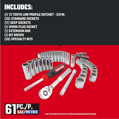 CRAFTSMAN Mechanics Tool Set, 3/8 Inch Drive, 61 Piece (CMMT45161) (Pack of 4) - size: Pack of 4