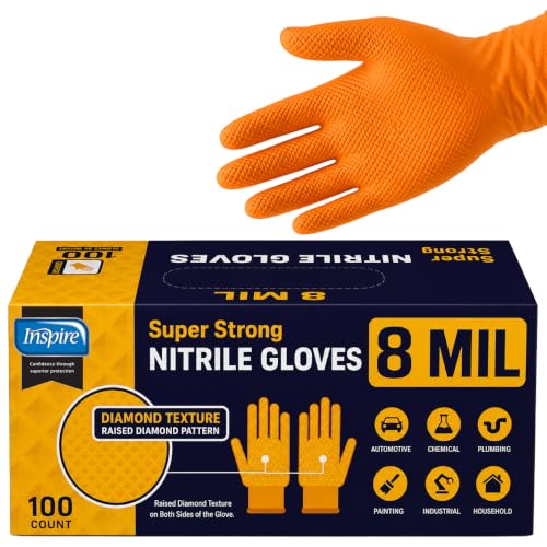 Inspire Heavy Duty Orange Nitrile Gloves | ULTRA 8 Mil Diamond Textured Grip | Industrial Mechanic Disposable Cleaning Gloves - size: XX-Large