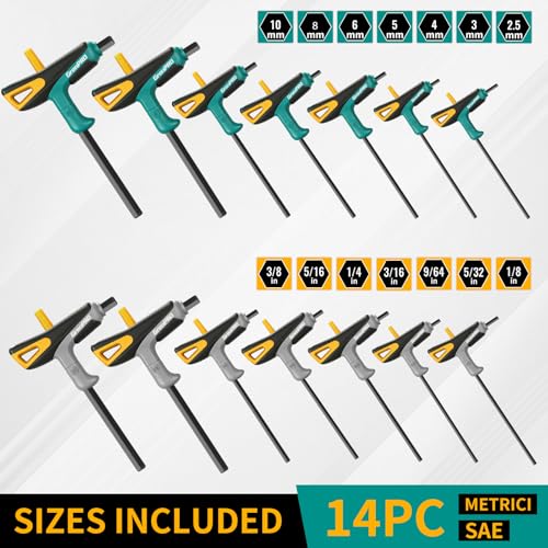 GRENPRO 14-Piece T-Handle Allen Wrenches Sets, Long Arm Allen Key Set, Metric & SAE Hex Key Set with Storage Rack, Portable Allen Wrench Set for Basic Home Repair and Mechanics Maintenance - style: 14 Pieces T-Handle Allen Wrench Set Metric and SAE