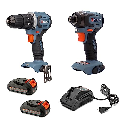 SENIX X2 20 Volt Max* 2-Piece Cordless Power Tool Kit with Battery Powered 1/2-Inch Hammer Drill Driver and 1/4-Inch Impact Driver, Includes Soft Bag, 2 2.0 Ah Batteries & Charger (S2K2B2-02) - style: Hammer Drill Driver and Impact Driver