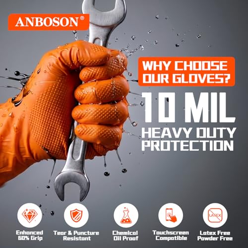 ANBOSON 10mil Nitrile-Gloves Disposable-Orange Chemical-Resistant Rubber - Mechanic Gloves Heavy Duty, Latex Free, Diamond Grip (100, Medium) | Diamond Grip,Latex Free,Chemical Resistant Disposable Thick Rubber Gloves for Auto Repair, Industrial, Food, Wo