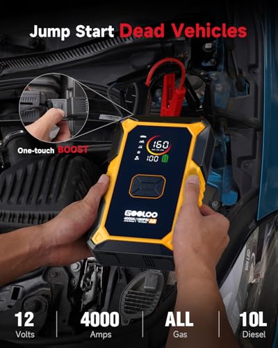 GOOLOO A5 Jump Starter with Air Compressor, 4000A Car Battery Booster | 4-in-1: 4000A Portable Car Jump Starter - 160 PSI Auto-Off Inflator - 45W USB-C Output with Built-In Cable - LED Flashlight - color: Yellow
