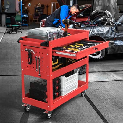3-Tier Rolling Utility Cart, Metal Tool Cart on Wheels with Lockable-Red | 330 lb. Load Capability Heavy Duty Tool Cart with Drawers, Mechanic Tool Cart for Garage, Warehouse, Repair Shop - color: Red