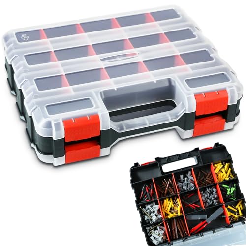 AMM Tool Box, Double Side Tool Box Organizer with 34 Compartments, Removable Dividers, Tackle Box Small Parts Screw Hardware Organizer for Screws, Nuts, Nails and Bolts (1 Piece, Red) - size: 1PC
