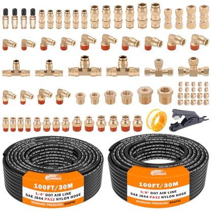 CheeMuii 80 PCS Brass DOT Air Line Fittings with 100FT 1/4" and 100FT 3/8" DOT Air Line Kit Push Lock Air Fitting Quick Connect & NPT Thread Fittings with Pneumatic Tubing - size: 2ROLL-84PCS