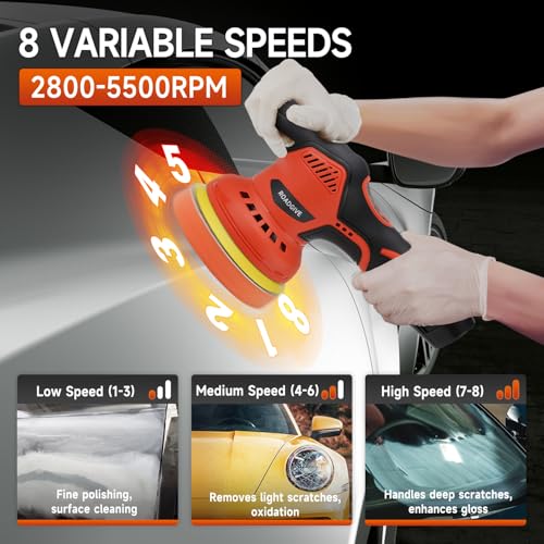 Cordless Car Buffer Polisher with 2PCS 2.0Ah Battery, (5 Inch/6 Inch) 8 Variable Speed Portable Buffer Polisher Kit, Extra 18PCS Attachments for Car Detailing/Polishing/Waxing