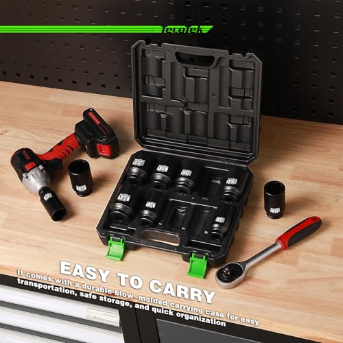 TecoTek 1/2" Drive Deep 6-Point Impact Socket Set, 10-Piece Deep SAE Spindle Axle Nut Impact Socket Set, Cr-Mo, 1-1/16-Inch to 1-5/8-Inch Size, Enhanced Storage Case - size: 1-1/16" to 1-5/8"