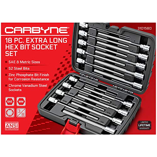 CARBYNE 18-Piece Extra Long Hex (Allen) Bit Socket Set, SAE 1/8 to 3/8 in. and Metric 3 to 10mm, 3/8 in. Drive, S2 Steel, CrV Sockets, 6.1 in. Length, Durable Case - size: Straight