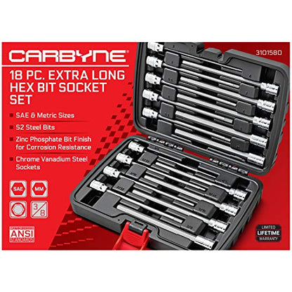 CARBYNE 18-Piece Extra Long Hex (Allen) Bit Socket Set, SAE 1/8 to 3/8 in. and Metric 3 to 10mm, 3/8 in. Drive, S2 Steel, CrV Sockets, 6.1 in. Length, Durable Case - size: Straight