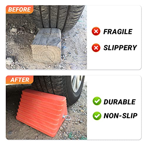 HOXWELL Premium 4 pcs Heavy Duty Wheel Tire Chocks, Vehicle Chocks with Eyebolt for Travel Trailers, Camper, Truck, Car and ATV 4 Pack, Orange - color: Orange-4 pcs