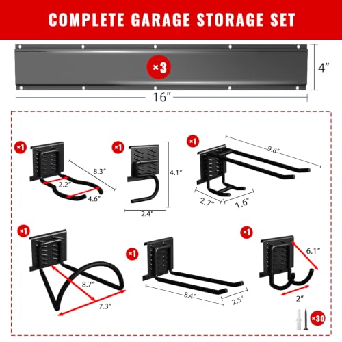 Garage Tool Organizer Wall Mount, Easy to 48inch Install Heavy-Duty Garage Storage System with 6 Adjustable Hooks, Garden Tool Rack for Shovels, Rakes, Yard Tools - size: 48" System - 6 Piece Basic Set