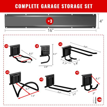 Garage Tool Organizer Wall Mount, Easy to 48inch Install Heavy-Duty Garage Storage System with 6 Adjustable Hooks, Garden Tool Rack for Shovels, Rakes, Yard Tools - size: 48" System - 6 Piece Basic Set