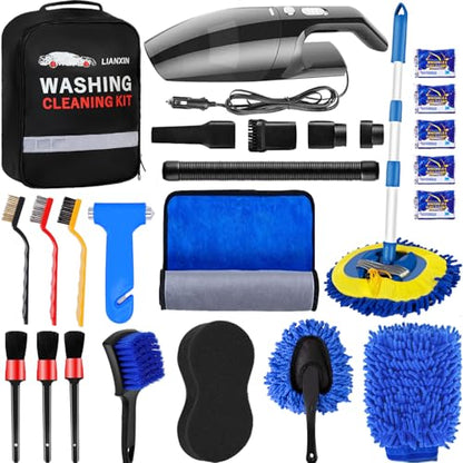 Car Wash Kit with High Power Handheld Vacuum Car Wash Detailing Mop kit | Car Cleaning Kit Detailing Brush Safety Hammer Car Wash Brush Microfiber Gloves Washing Sponge fo Car Washing Kit - size: XXL-11