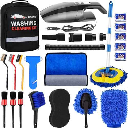 Car Wash Kit with High Power Handheld Vacuum Car Wash Detailing Mop kit | Car Cleaning Kit Detailing Brush Safety Hammer Car Wash Brush Microfiber Gloves Washing Sponge fo Car Washing Kit - size: XXL-11