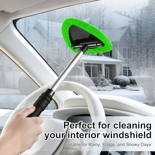 JUSTTOP Windshield Cleaner Tool, Car Interior and Exterior Window Cleaning Kit with Extendable Handle & 4 Reusable Microfiber Pads, Auto Glass Wiper Brush Kit for Car & Home Windows (Green) - color: Green