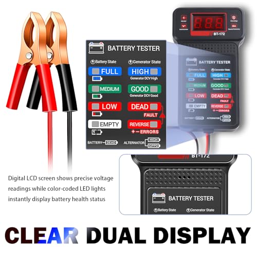 Car Battery Tester with LED Indicator & LCD Display,Battery Load Tester 12V Automotive with Alligator Clips,Universal Car Batteries and Alternator Testers for Most 12V Vechcles