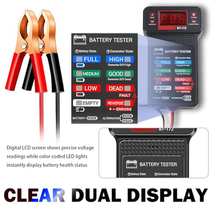 Car Battery Tester with LED Indicator & LCD Display,Battery Load Tester 12V Automotive with Alligator Clips,Universal Car Batteries and Alternator Testers for Most 12V Vechcles