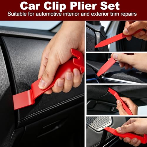 8 Pcs Auto Trim Removal Tool Kit Plastic Pry Tool & Clip Remover Pliers for Car Panel Dashboard Door Clips and Upholstery,No Scratch Plastic Trim Repair Tools Set-Red