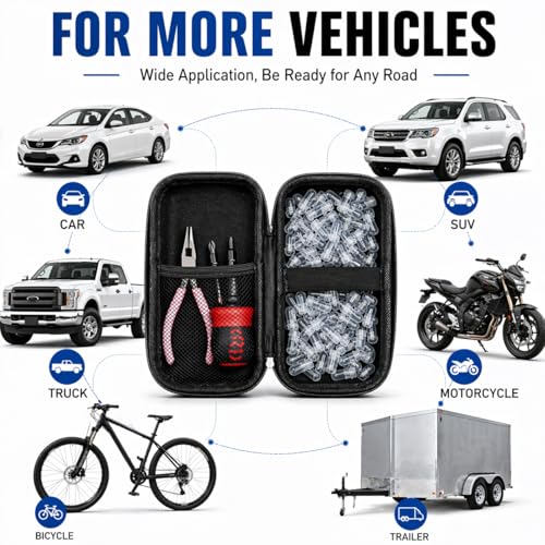 Roadside Emergency Tire Repair kit - 60pcs Tire Repair Screws, Easy Screw in Tire Plugs for Car Bycicle, No-Removal Rubber Tire Plug Screws Kit for Tubeless - Screwdriver, Pliers & Storage Case