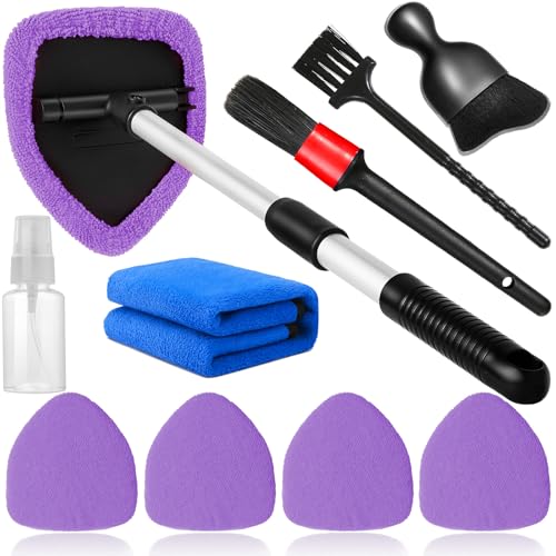 Qydipclin 10pcs Windshield Cleaning Tool Inside Car Window Cleaner Wash Kit with 4 Reusable Microfiber Pads 1 Spray Bottle and Extendable Handle Interior Auto Glass Wiper Kit, Purple - color: Purple