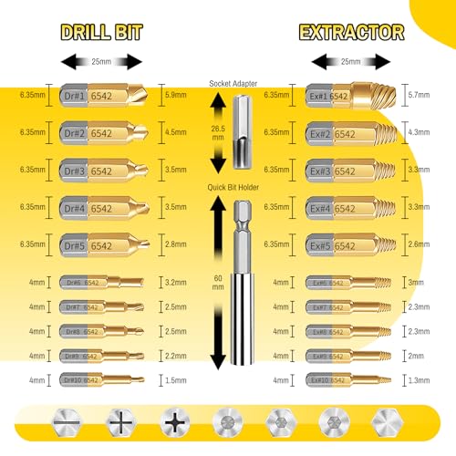 22PCS Screw Extractor Set, HSS 6542 Titanium Easy Out Kit for Removing Broken Bolts, Rusted Screws & Stripped Nuts, Heavy Duty Drill Compatible Damaged Screw Remover - size: 22 Pieces