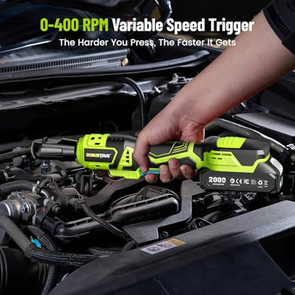 Robustrue 1/2" Electric Ratchet Wrench: 66Ft-lbs/400 RPM Variable Speed Cordless Power Ratchet Kit with 2x2000mAh Li-Ion Batteries, 8 Sockets, 1/4" and 3/8" Adapters, 3" Extension Bar for Auto Repair | 400 RPM brushless motor, 8 sockets, 1/4 and 3/8 adapt