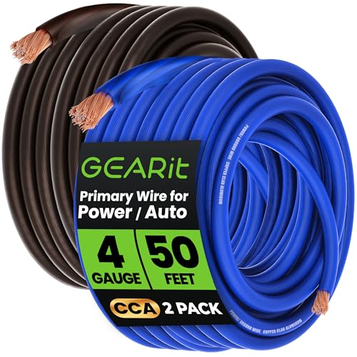 GEARit 4 Gauge Wire (50ft Each - Black/Blue Translucent) Copper Clad Aluminum CCA - Primary Automotive Wire Power/Ground, Battery Cable, Car Audio Speaker, RV Trailer, Amp, Electrical 4ga AWG 50 Feet - color: 4 Gauge Wire, size: Black/Blue - 50ft Each
