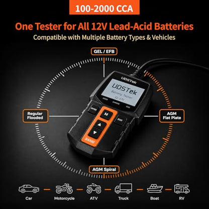 Car Battery Tester 12V BA100, 100-2000 CCA Automotive Battery Load Tester | Digital Alternator & Charging System Diagnostic Tool, Cranking Tester for Cars, Motorcycles, ATV, SUV, Boats, Marine & RV