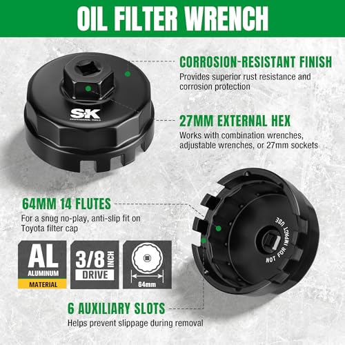 SK 64mm 14 Flutes Toyota Oil Filter Cap Wrench, 3/8" Drive, Oil Filter Removal Tool for 2.5-5.7L Engine, Fits Lexus, Camry, 4Runner, RAV4, Tundra, Tacoma, Highlander, Sienna, Sequoia, Avalon, Venza