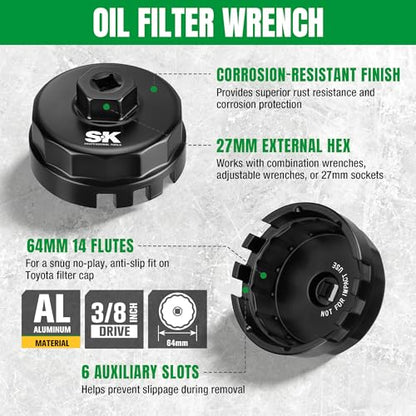 SK 64mm 14 Flutes Toyota Oil Filter Cap Wrench, 3/8" Drive, Oil Filter Removal Tool for 2.5-5.7L Engine, Fits Lexus, Camry, 4Runner, RAV4, Tundra, Tacoma, Highlander, Sienna, Sequoia, Avalon, Venza