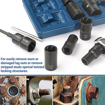 MABLEVI 10 PCS Bolt Nut Extractor Set, 1/2" Drive Impact Lug Nut Remover Socket Tool with Center Punch Bar for Damaged, Frozen, Studs, Rusted, Rounded-Off Bolts, Nuts & Screws - size: 10-piece