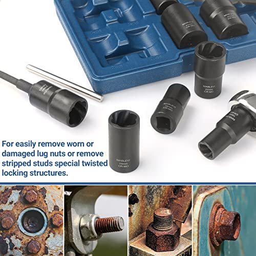 MABLEVI 10 PCS Bolt Nut Extractor Set, 1/2" Drive Impact Lug Nut Remover Socket Tool with Center Punch Bar for Damaged, Frozen, Studs, Rusted, Rounded-Off Bolts, Nuts & Screws - size: 10-piece