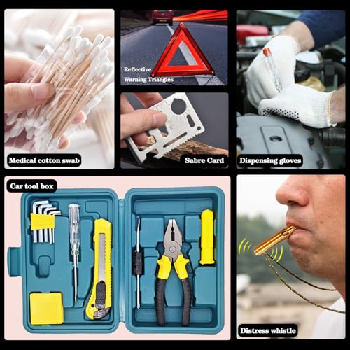 Emergency Roadside Kit with Jumper Cables Kit for Car, Safety Car Kits | Car Emergency Kit High Power Handheld Vacuum, Warning Triangle, Safety Hammer, Tow Rope, Gifts for New Drivers - color: White