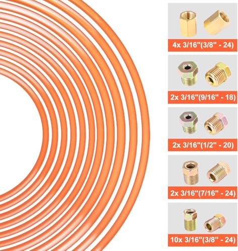 3/16" Complete Brake Line Repair Kit with Protector, Enhance the Corrosion Resistance and Wear Resistance of 25-Foot Copper-Coated Tubing, Including Flaring Tool, Bender & Fittings